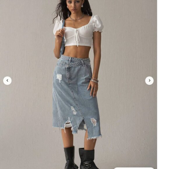 Denim Distressed Midi Skirt Western Cowgirl Boho Raw Hem SHEIN Curve 0XL or 12 - Picture 1 of 14